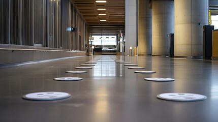 Obraz premium Airport Terminal Hallway with Social Distancing Floor Markers