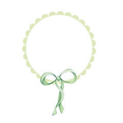 Circle green openwork frame with watercolor bow. Design element for label, greeting, stickers, hobby