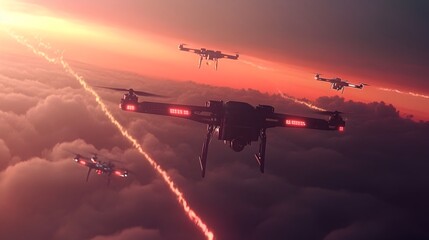 Naklejka premium Anti Drone Defense System Tracking Multiple Aerial Targets at Sunset