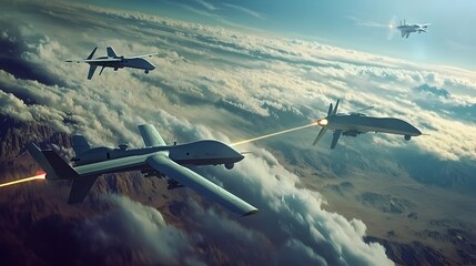 Fototapeta premium Anti Drone Defense System Tracking Multiple Futuristic Aerial Targets in the Sky
