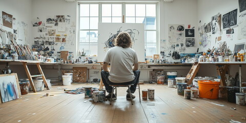 artist atelier. Hand edited generative AI. Wide format 