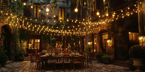 Obraz premium Dinner event in historic courtyard, Outdoor dinner party in historic courtyard