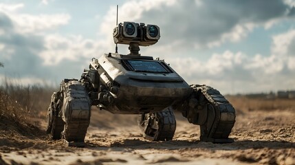 Fototapeta premium Autonomous Military Robot Patrolling Rugged Battlefield Terrain