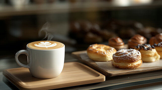 steaming cup of coffee with latte art in white mug on wooden tray and sweet pastries or doughnuts at bakery