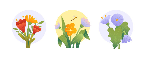 Floral Bunch. Colorful Plant Set. Vector Illustraton Flowers Decorative Element for Posters, Creative Journaling, Scrapbooking, Cards and Banners.