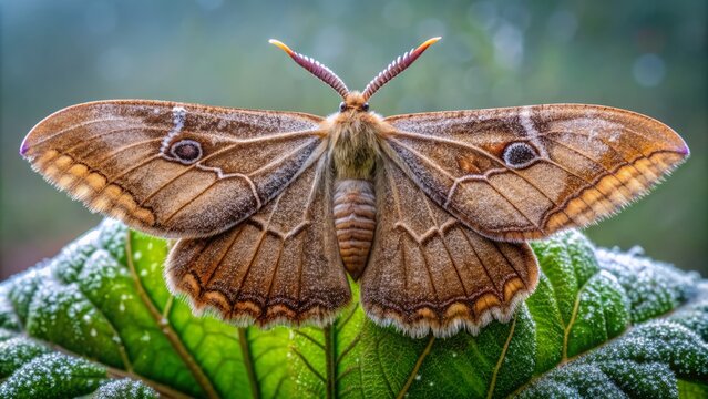 A massive, velvety brown moth with intricate patterns and feathery antennae perches on a misty leaf, its enormous wings folded majestically in the morning dew.