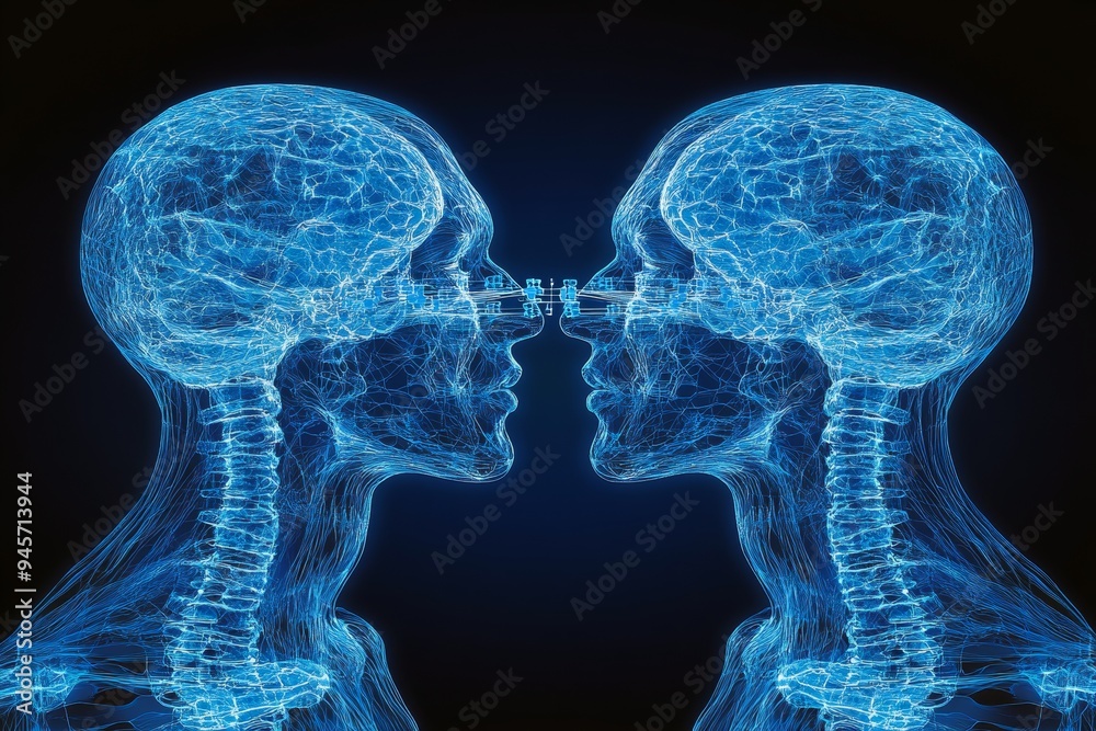 Canvas Prints Digital artwork of two human figures with glowing neural networks symbolizing the deep intellectual and emotional connection shared in a neon lit setting