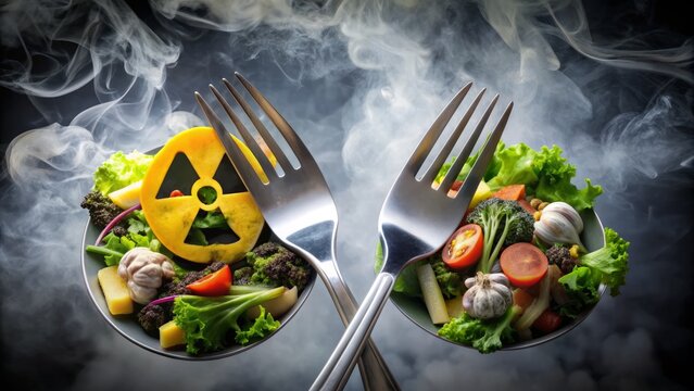 A metal fork and spoon wrapped in a toxic warning symbol, surrounded by pollution-filled food, highlighting the dangers of heavy metals in our diet.