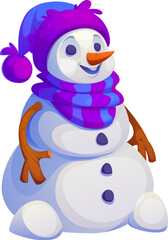 Cartoon Christmas holiday snowman character dressed in vibrant purple hat and scarf with a carrot nose and twig arms. Isolated vector winter holiday personage exudes warmth and seasonal festive spirit