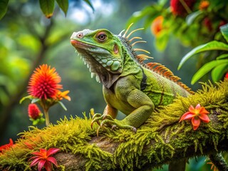 Obraz premium Vibrant green iguana perches on a moss-covered branch in a lush rainforest, surrounded by exotic plants and flowers in Costa Rica's vibrant tropical ecosystem.