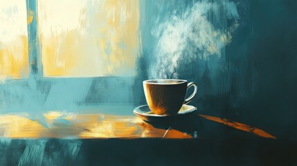 A steaming cup of coffee on a table by a window