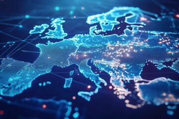dynamic digital world map emphasize Western Europe continental for AI powered global network connectivity big data transfer cyber technology network information exchange and telecommunication , ai