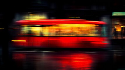 A blurred red tram in a rainy urban setting, capturing movement and city life.