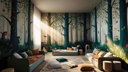 Forest theme. Creative and bright eco design of a children's room. Bright fantasy wallpaper on the wall of baby room.