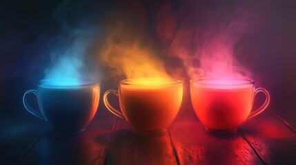 Three Cups of Steaming Beverages with Colorful Glowing Smoke