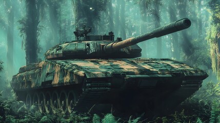 Fototapeta premium Futuristic Camouflage Tank in Verdant Forest Terrain