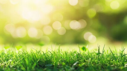 Obraz premium Close-up View of Lush Green Grass with Sunlight and Bokeh Background