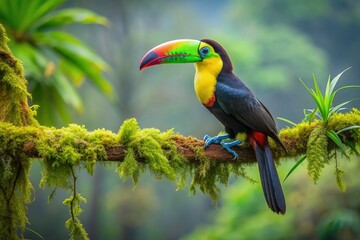 Obraz premium Vibrant green toucan perches on a moss-covered tree branch amidst lush rainforest foliage, showcasing Costa Rica's thriving biodiversity and rich ecosystem.