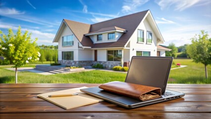 A modern suburban home with a laptop and wallet on a table, surrounded by bills and financial documents, highlighting online payment convenience.