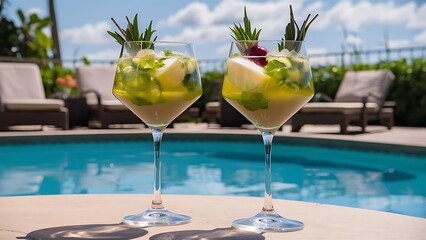 Two glasses with natural, delicious refreshing beverage at poolside