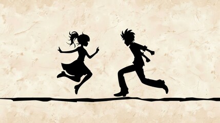 Dynamic silhouette of a man and girl joyfully jumping from a triangleshaped structure, capturing a moment of freedom and playfulness.