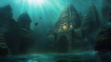 Fototapeta premium Glowing Underwater Ruins of an Ancient Mysterious Submerged City