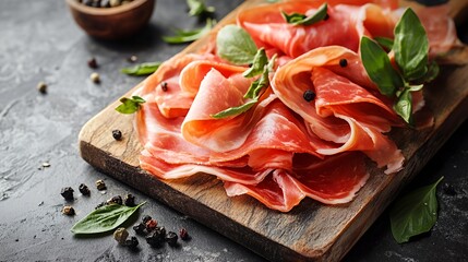 A wooden board displaying thinly sliced cured meats garnished with fresh basil leaves.