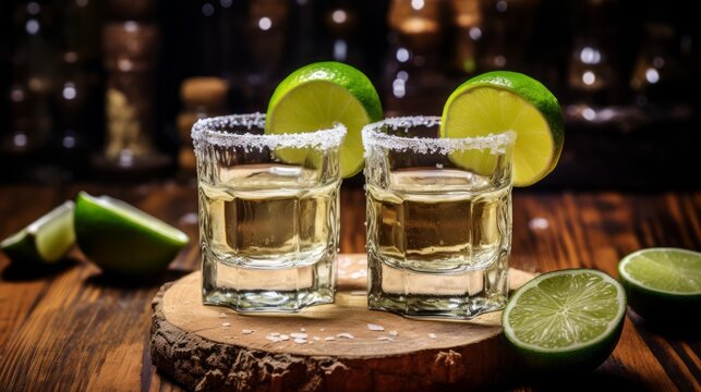 Gold tequila shot with lime fruits on black background. Neural network ai generated art