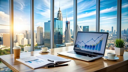 A neatly organized financial workstation with a laptop, charts, and papers, surrounded by a subtle cityscape, conveying a sense of strategic investment and portfolio management.