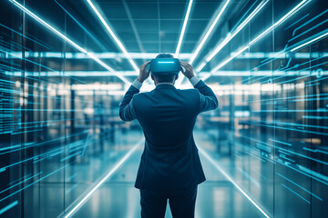 Stepping into Innovation: A businessman in a data center, illuminated by blue light trails, ventures into the metaverse with VR goggles.