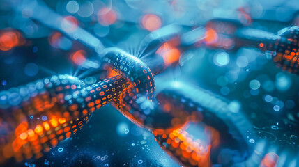 Blockchain technology concept showing digital chain connecting with binary code