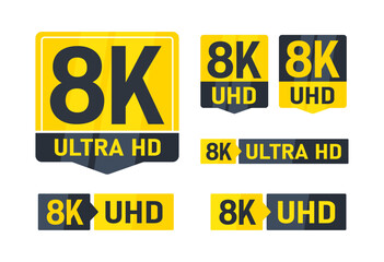 Set of yellow and black 8k ultra hd resolution tv screen stickers showing television display format