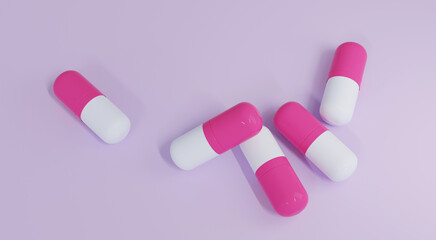 close up view at pink capsules on pink background. 3d render 