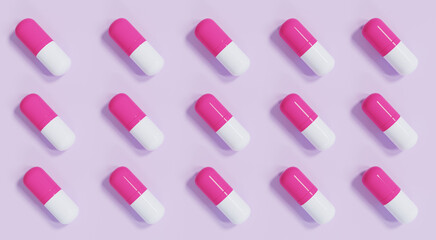 close up view at pink capsules on pink background arranged in a repeating pattern. 3d render