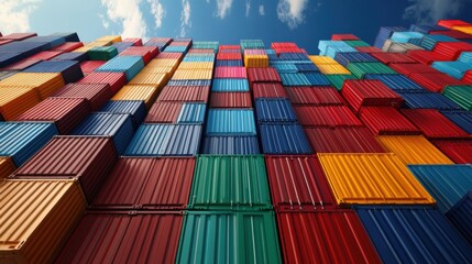 Colorful Stacked Shipping Containers Under a Blue Sky in Bright Daylight