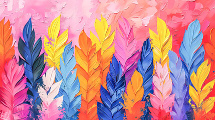 Oil painting background showing colorful tropical leaves pattern