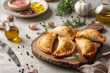 Deliciously crafted empanadas served on a rustic wooden board with garlic and olive oil in a bright kitchen setting
