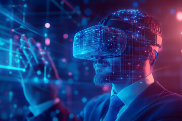 Obraz premium Virtual Reality Businessman: A businessman wearing a VR headset interacts with a futuristic digital interface, showcasing the potential of immersive technology in business. The image evokes a sense of