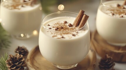 Eggnog with Cinnamon Sticks and Nutmeg in a Glass