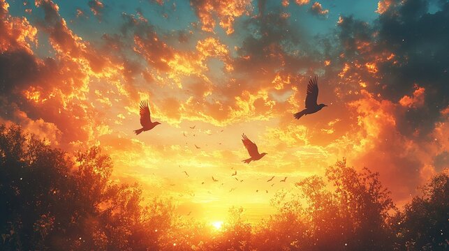 Silhouettes of birds flying across a painted sky at dawn
