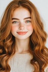 A charming yearold woman with golden wavy hair and striking green eyes, adorned with cute freckles on her nose.