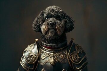 A majestic poodle in intricate medieval armor stands proudly, showcasing royal elegance in a richly decorated setting