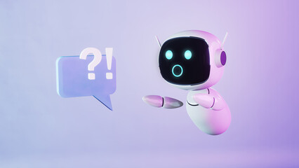 3d rendering cute realistic robot helper. Bot helper concept. Color light backgroung in pink and purple tones. 3d render. Customer support chatbot. Technology concept. close up portrait