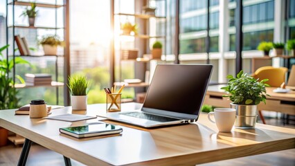 Fototapeta premium A professional workspace featuring a modern laptop on a sleek desk, surrounded by organized office supplies, with a blurred-out background and subtle natural light.