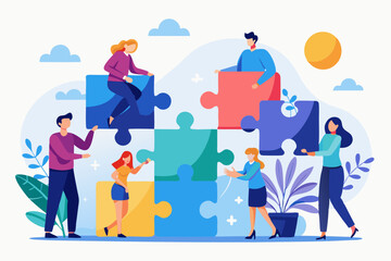 Jigsaw puzzle connection, teamwork partnership to help solve problem or challenge, cooperation or brainstorm to fit and match jigsaw pieces concept, businessman and woman help connect jigsaw puzzle.
