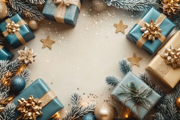 Elegant Christmas presents wrapped in teal and gold with festive decorations, arranged on a light...