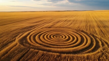 Naklejka premium Mesmerizing Crop Circles in Vast Wheat Field Mysterious Natural Spiral Formation