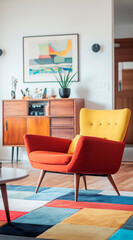 Mid century, scandinavian interior design of modern living room with colorful multicolored furniture