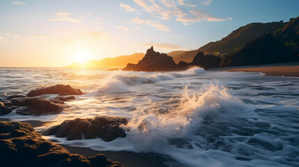 A backlit beach scene at dawn with waves crashing stone