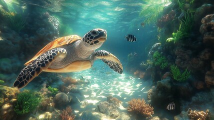Fototapeta premium Majestic Sea Turtle Swimming Gracefully Among Colorful Coral Reefs and Fish in Crystal Clear Ocean Water